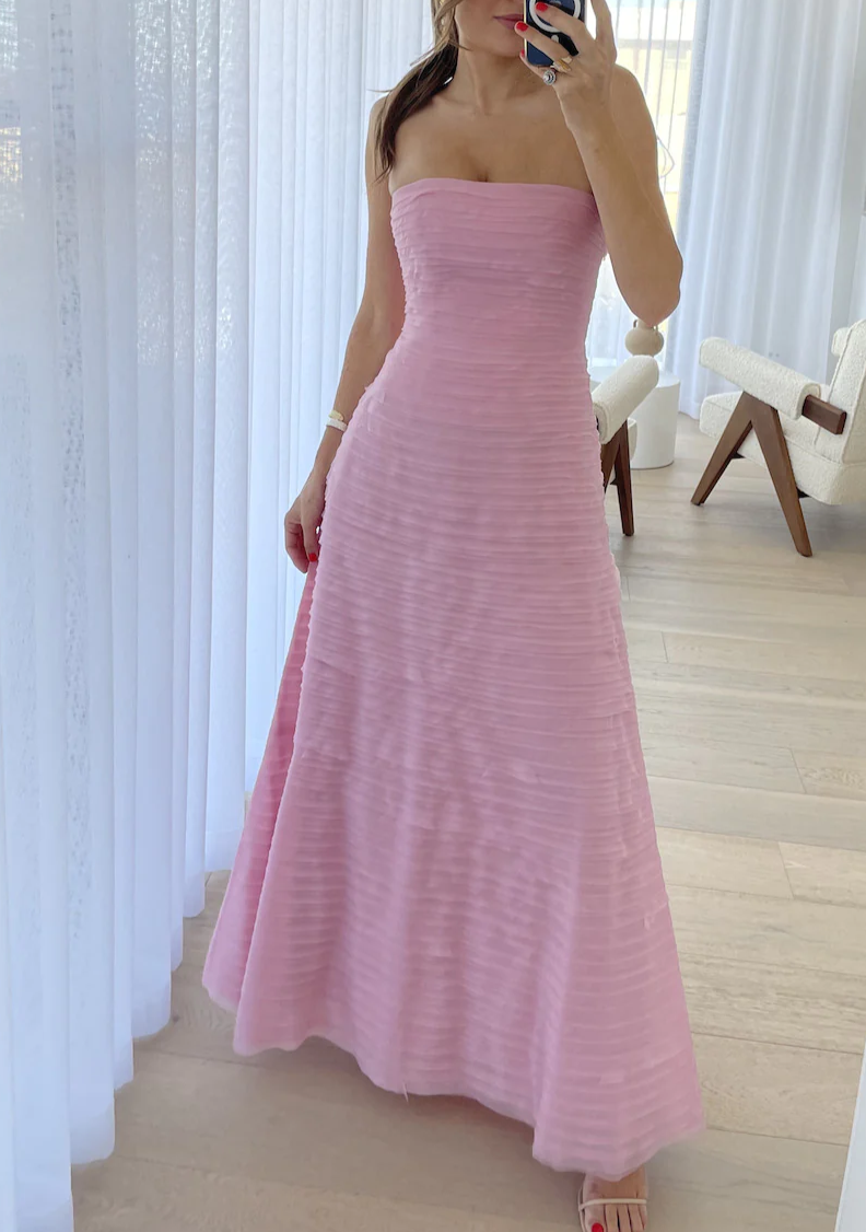 Elegant Pink Strapless A-Line Long Prom Dress