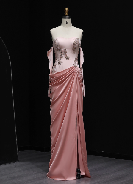 Elegant Pink Strapless Embroidered Floral Satin Slit Long Prom Dress Evening Dress
