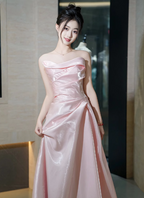 Elegant Pink Strapless Ruffled Satin Long Prom Dress Evening Dress Bridesmaid Dress