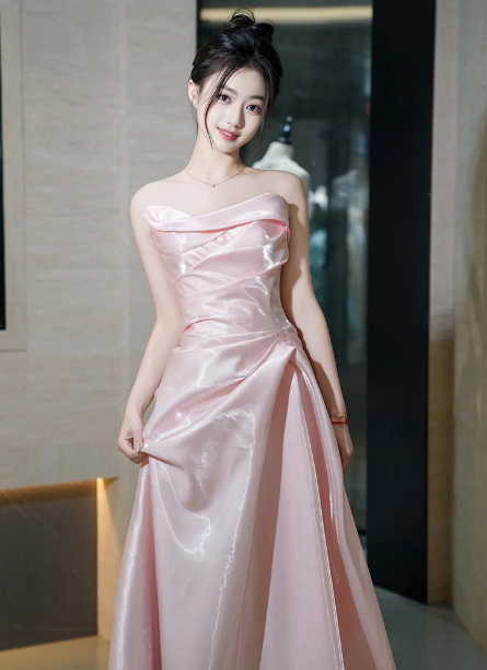 Elegant Pink Strapless Ruffled Satin Long Prom Dress Evening Dress Bridesmaid Dress