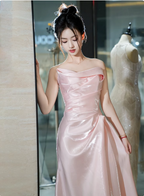 Elegant Pink Strapless Ruffled Satin Long Prom Dress Evening Dress Bridesmaid Dress