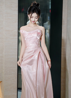 Elegant Pink Strapless Ruffled Satin Long Prom Dress Evening Dress Bridesmaid Dress