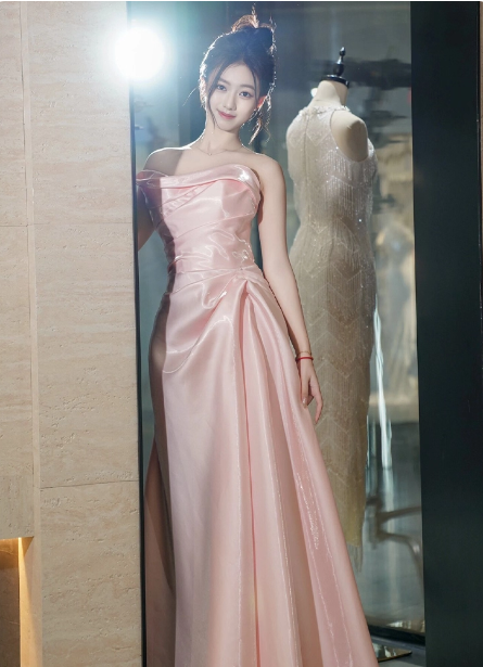 Elegant Pink Strapless Ruffled Satin Long Prom Dress Evening Dress Bridesmaid Dress Main image