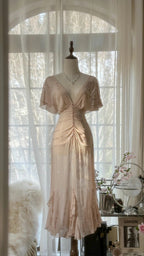 Elegant Pink V-neck Short-sleeved Chiffon Flowing Prom Dress