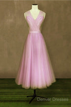 Elegant Pleated Tulle Midi Prom Party Dress