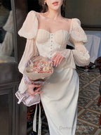 Elegant Puff Sleeve Midi Corset Maxi Prom Dresses Evening Birthday Outfits