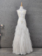 Elegant Pure White Sweetheart Neck Pearl Lace Tulle Long Prom Dress Evening Dress
