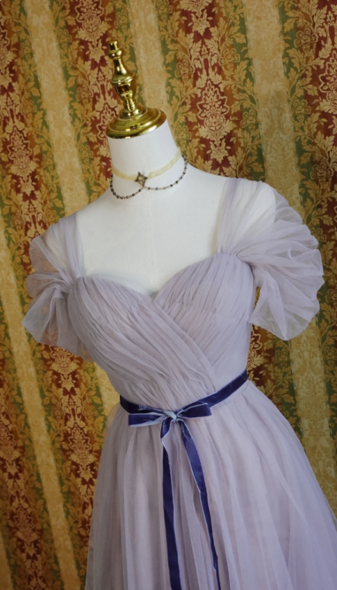 Elegant Purple A-Line Puff Sleeve Tulle Long Prom Dress Evening Dress Bridesmaid Dress