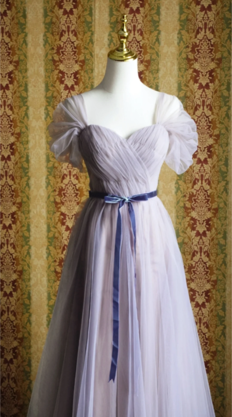 Elegant Purple A-Line Puff Sleeve Tulle Long Prom Dress Evening Dress Bridesmaid Dress