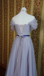 Elegant Purple A-Line Puff Sleeve Tulle Long Prom Dress Evening Dress Bridesmaid Dress