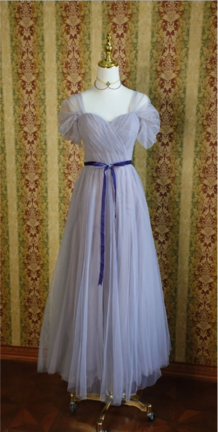 Elegant Purple A-Line Puff Sleeve Tulle Long Prom Dress Evening Dress Bridesmaid Dress