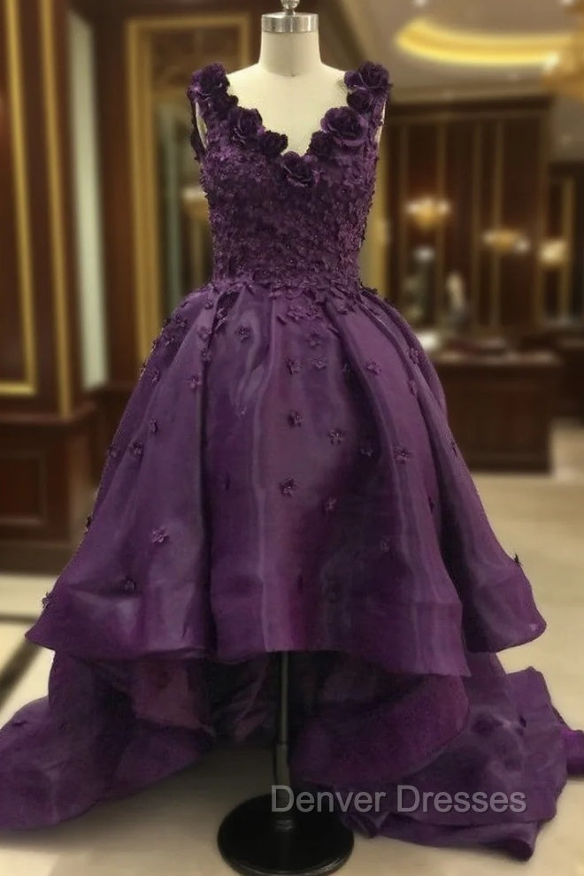 Elegant Purple Deep V Neck Appliqued Floral Short Front Long Back High Low Prom Dress Main image