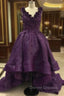 Elegant Purple Deep V Neck Appliqued Floral Short Front Long Back High Low Prom Dress