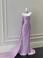 Elegant Purple Fitted Strapless Pleated Satin Long Prom Dress Evening Dress