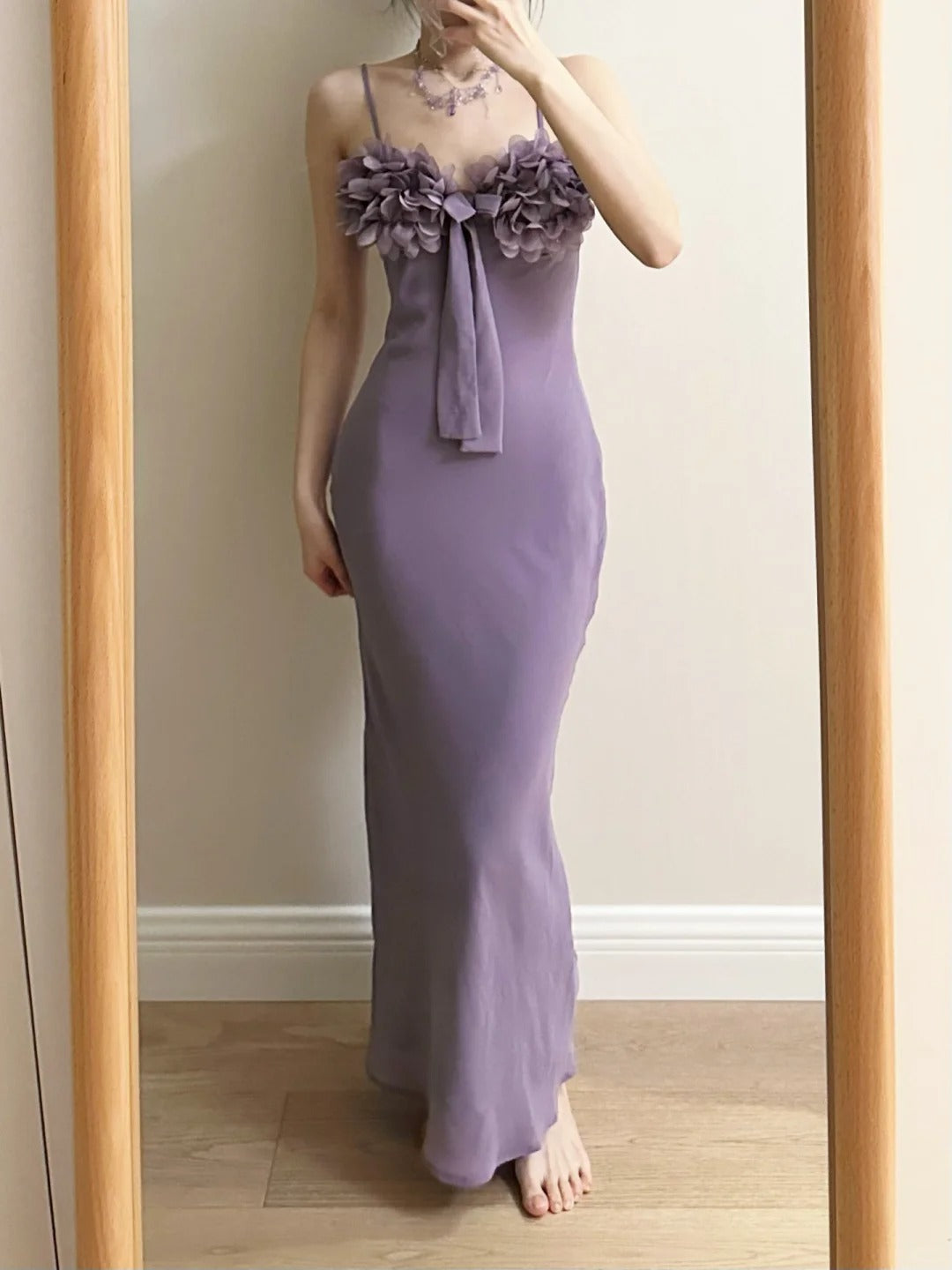Elegant Purple Mermaid 3D Flower Bow Thin Strap Satin Long Prom Dress Evening Dress Bridesmaid Dress Secondary image