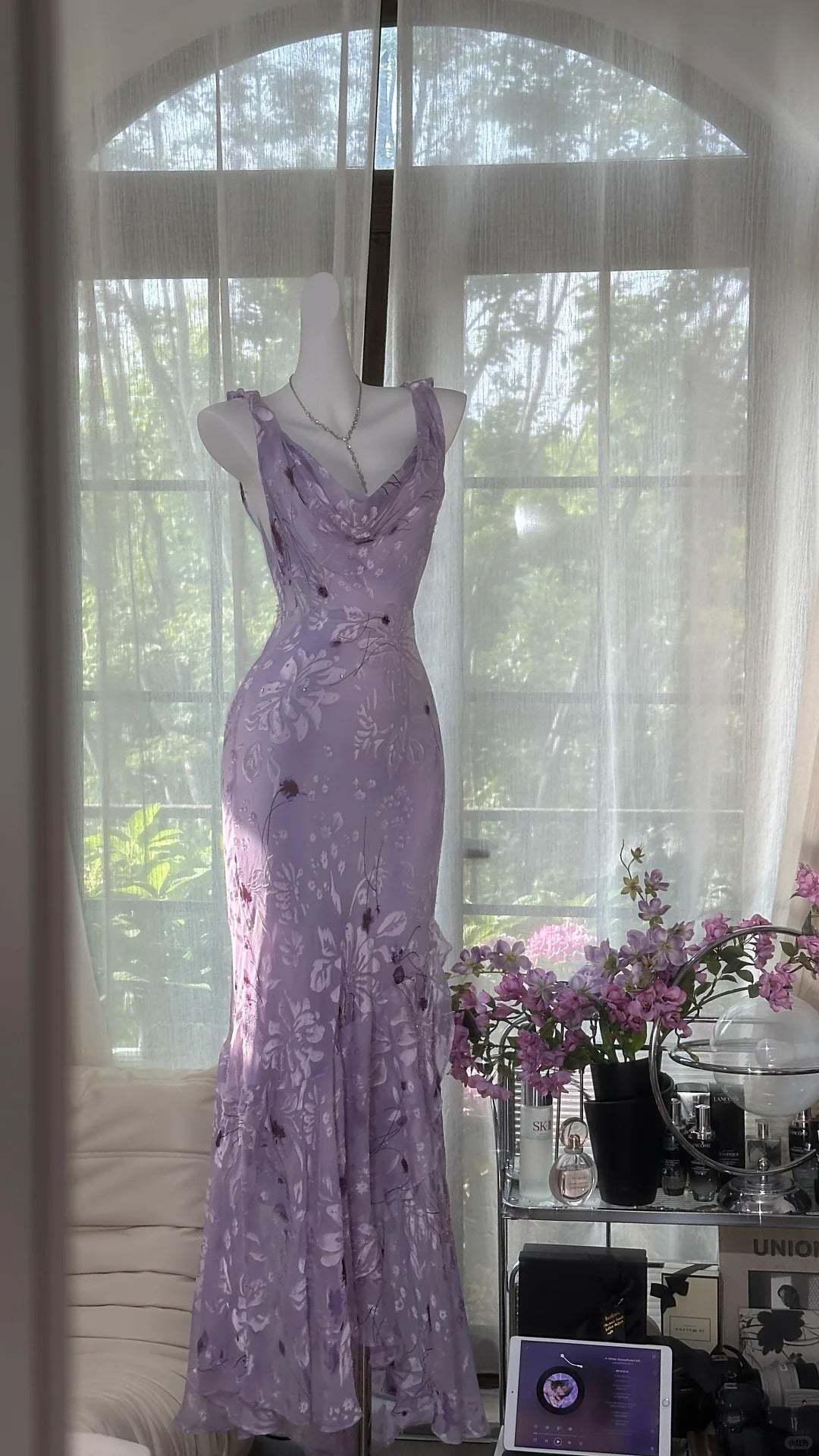 Elegant Purple Mermaid Printed Boat Neck Chiffon Long Prom Dress Evening Dress Main image
