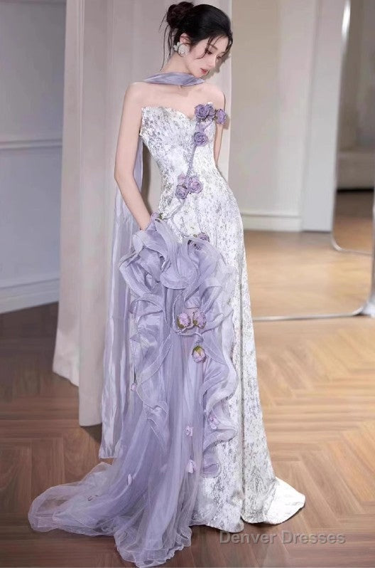 Elegant Purple Mermaid Strapless Satin Tulle Long Prom Dress Applique Evening Gown Secondary image