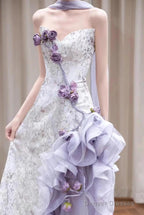 Elegant Purple Mermaid Strapless Satin Tulle Long Prom Dress Applique Evening Gown