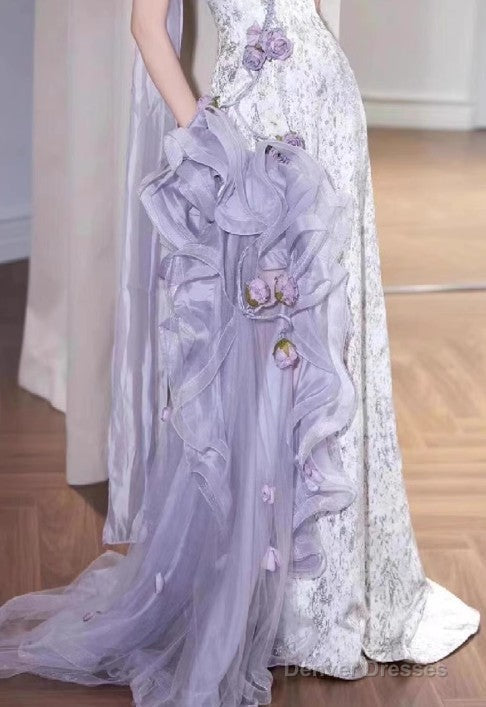 Elegant Purple Mermaid Strapless Satin Tulle Long Prom Dress Applique Evening Gown