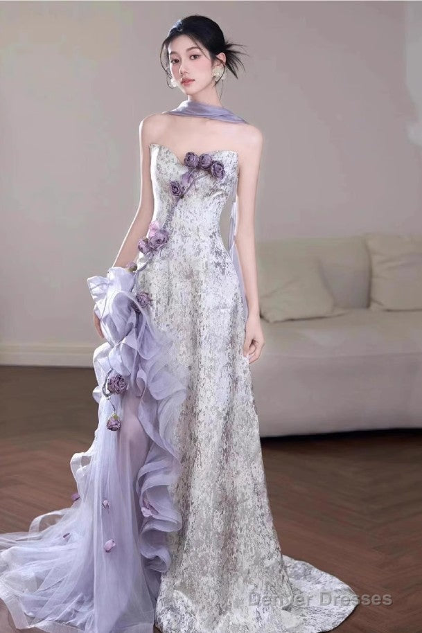 Elegant Purple Mermaid Strapless Satin Tulle Long Prom Dress Applique Evening Gown Main image