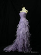 Elegant Purple Mermaid Strapless Tulle Layered Long Prom Dress Formal Evening Dress