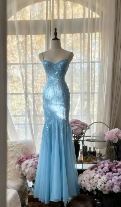 Sparkly Spaghetti Straps Purple Mermaid Wedding Guest Dress Beaded Tulle Chiffon Long Prom Dress