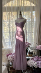 Sparkly Spaghetti Straps Purple Mermaid Wedding Guest Dress Beaded Tulle Chiffon Long Prom Dress