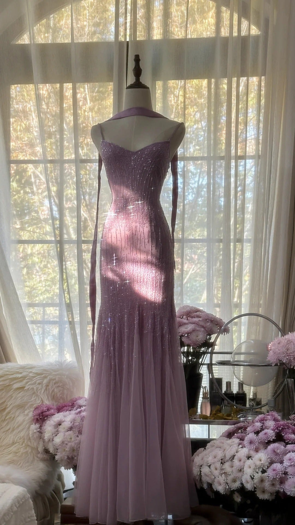 Sparkly Spaghetti Straps Purple Mermaid Wedding Guest Dress Beaded Tulle Chiffon Long Prom Dress