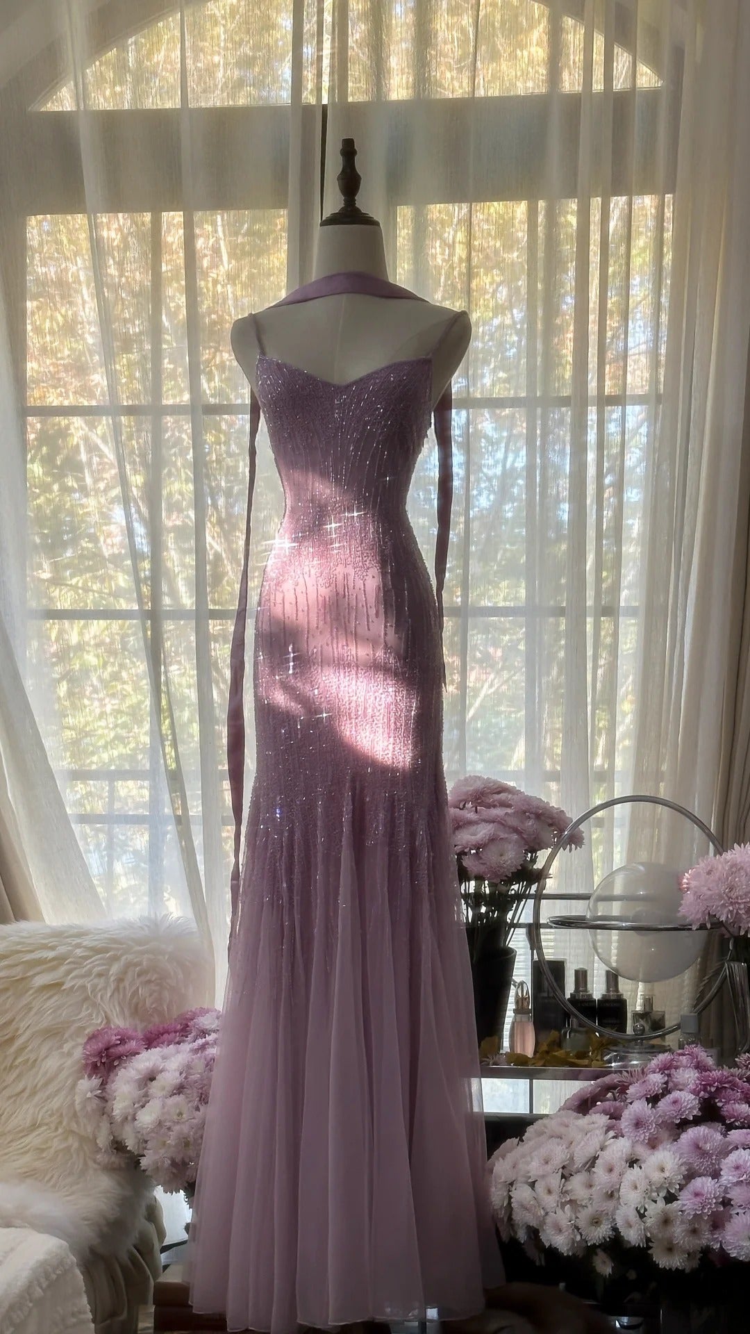 Sparkly Spaghetti Straps Purple Mermaid Wedding Guest Dress Beaded Tulle Chiffon Long Prom Dress