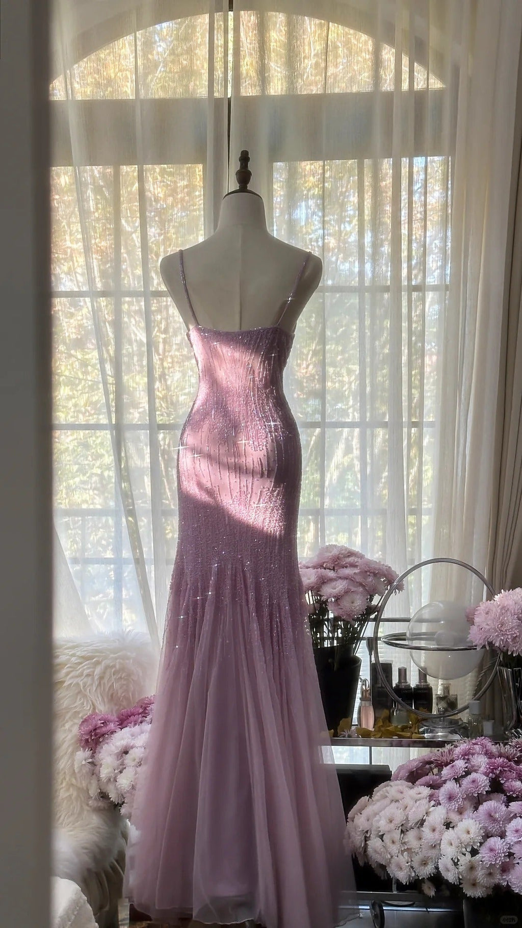 Sparkly Spaghetti Straps Purple Mermaid Wedding Guest Dress Beaded Tulle Chiffon Long Prom Dress