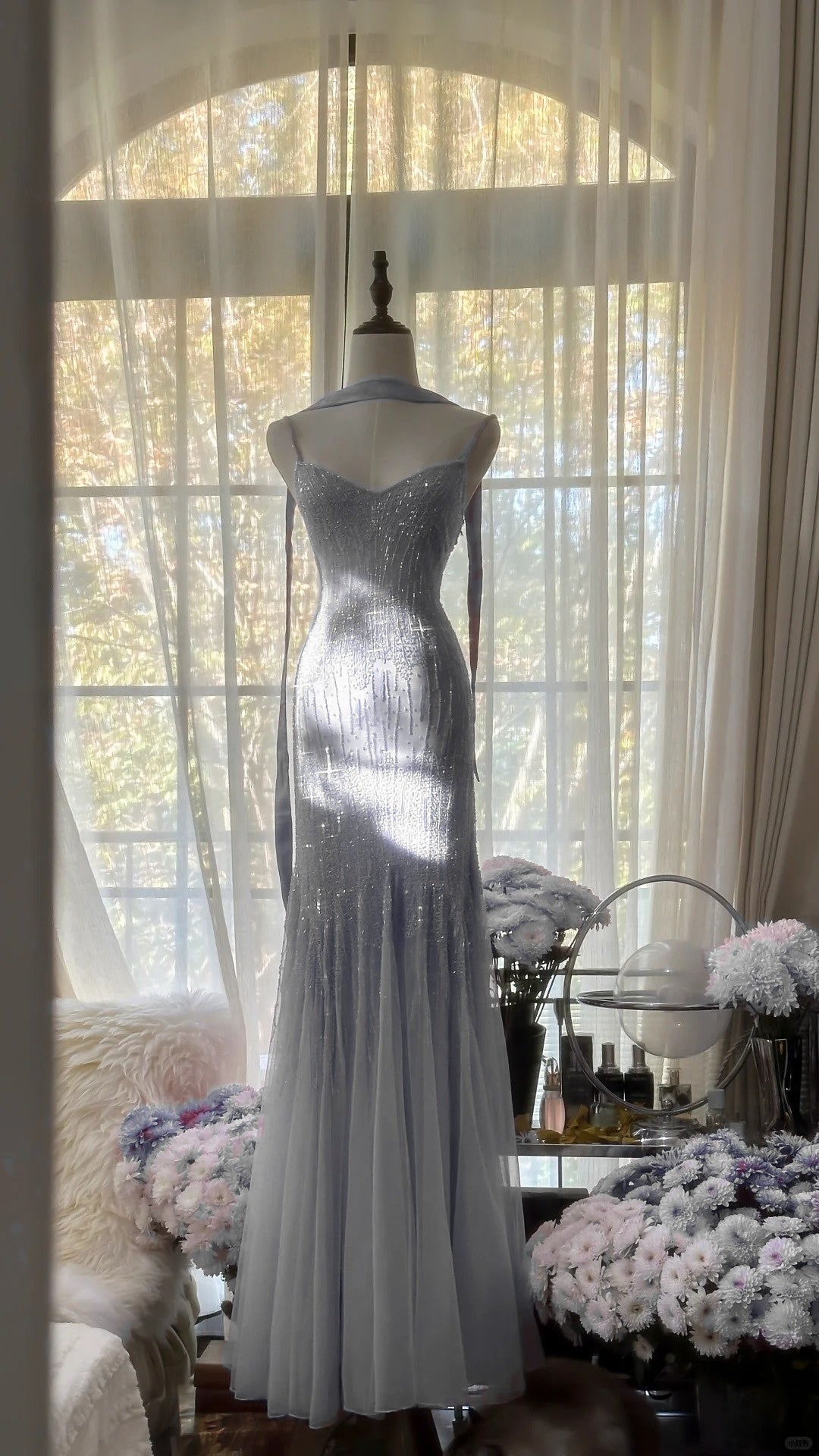 Sparkly Spaghetti Straps Purple Mermaid Wedding Guest Dress Beaded Tulle Chiffon Long Prom Dress
