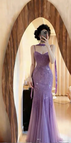 Sparkly Spaghetti Straps Purple Mermaid Wedding Guest Dress Beaded Tulle Chiffon Long Prom Dress