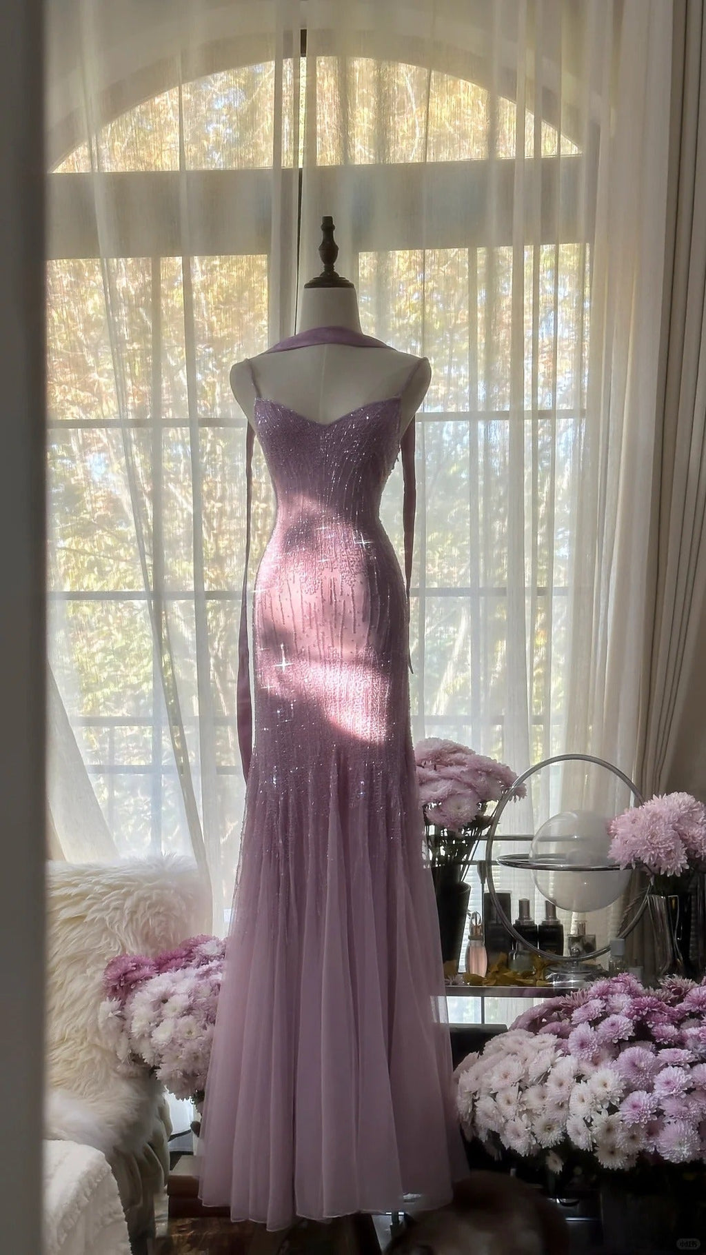Sparkly Spaghetti Straps Purple Mermaid Wedding Guest Dress Beaded Tulle Chiffon Long Prom Dress