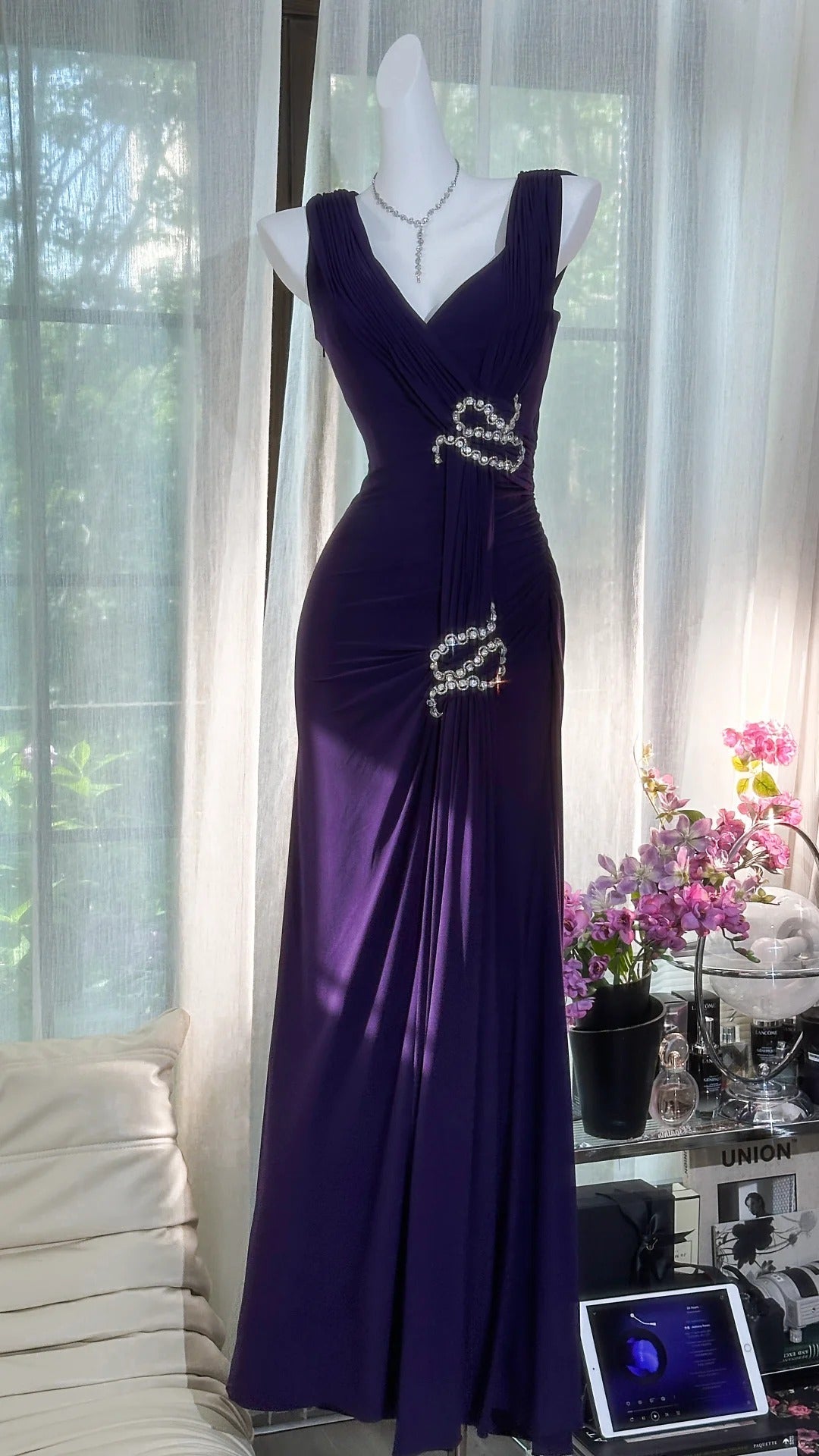 Elegant Purple Strapless Chiffon Long Prom Dress