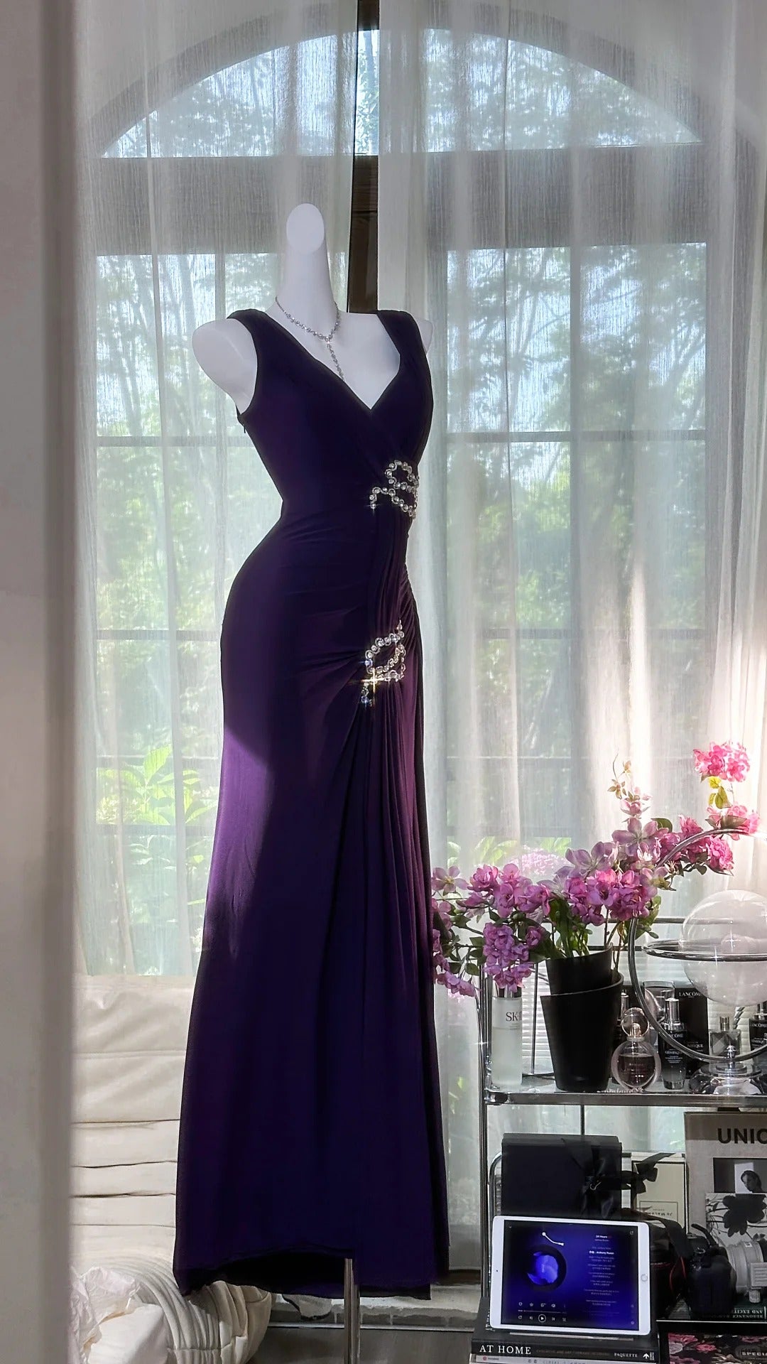 Elegant Purple Strapless Chiffon Long Prom Dress