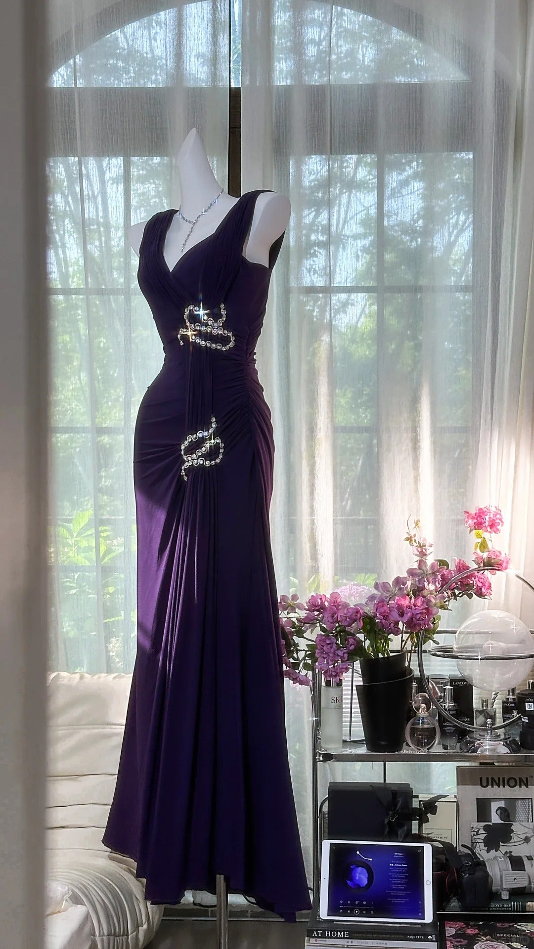 Elegant Purple Strapless Chiffon Long Prom Dress