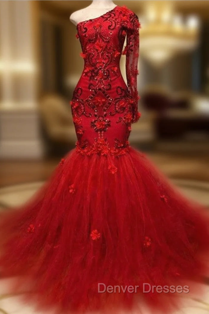 Elegant Red One-Shoulder Long-Sleeves Appliques Mermaid Prom Party Gowns