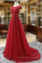 Elegant Red Tulle Long Prom Dress with Lace Applique, Red Party Gowns