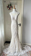 Elegant Retro White Mermaid Round Neck Lace Train Prom Dress Evening Dress Wedding Dress