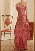 Elegant Rose Pink Mermaid Deep V-Neck Thin Strap Chiffon Long Prom Dress Evening Dress