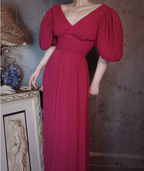 Elegant Rose Pink V-Neck Puff Sleeve Pleated Long Prom Dress Evening Dress