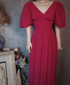 Elegant Rose Pink V-Neck Puff Sleeve Pleated Long Prom Dress Evening Dress