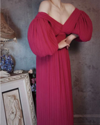 Elegant Rose Pink V-Neck Puff Sleeve Pleated Long Prom Dress Evening Dress