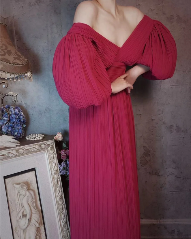 Elegant Rose Pink V-Neck Puff Sleeve Pleated Long Prom Dress Evening Dress