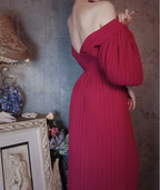 Elegant Rose Pink V-Neck Puff Sleeve Pleated Long Prom Dress Evening Dress