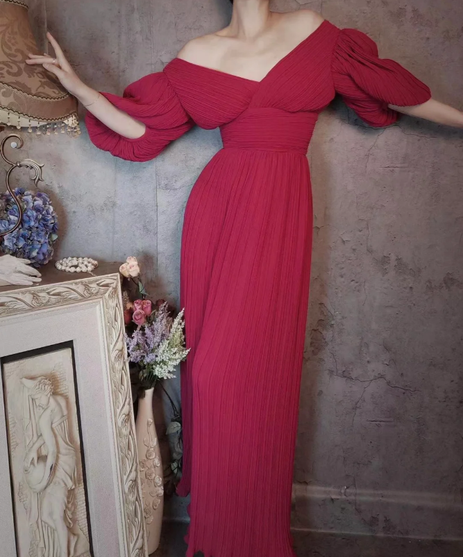 Elegant Rose Pink V-Neck Puff Sleeve Pleated Long Prom Dress Evening Dress