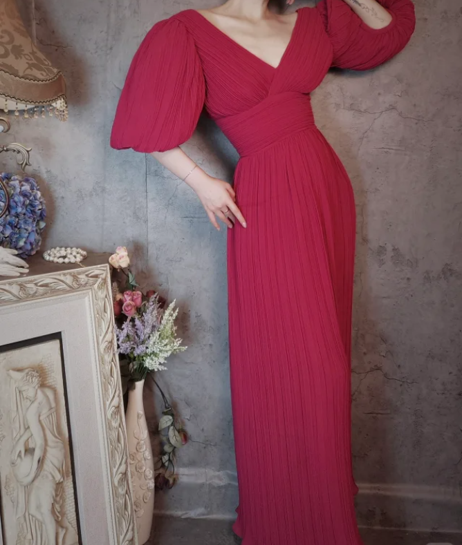 Elegant Rose Pink V-Neck Puff Sleeve Pleated Long Prom Dress Evening Dress Main image