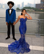 Elegant Royal Blue Sequin Beaded Appliques Mermaid Prom Dress Evening Dress