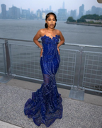 Elegant Royal Blue Sequin Beaded Appliques Mermaid Prom Dress Evening Dress