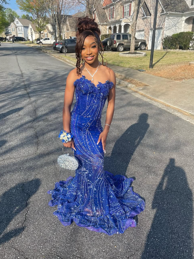 Elegant Royal Blue Sequin Beaded Appliques Mermaid Prom Dress Evening Dress